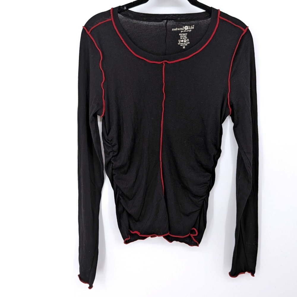 Natural Life Long Sleeve‎ Top Women Medium Black Red Stitch Ruched Lettuce Hem